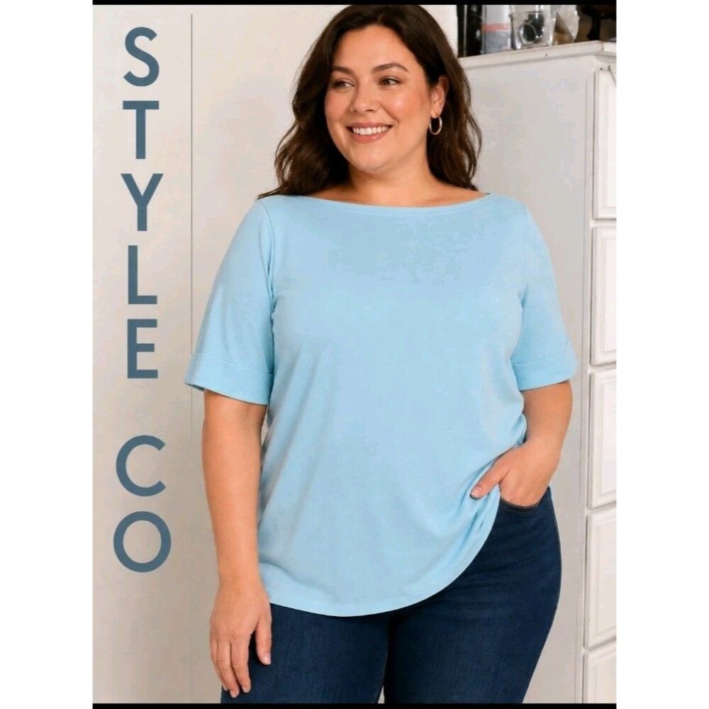NWT STYLE CO Women 1X 14W/16W Minimalist Boatneck Classic Tee Cotton Lt Blue Top